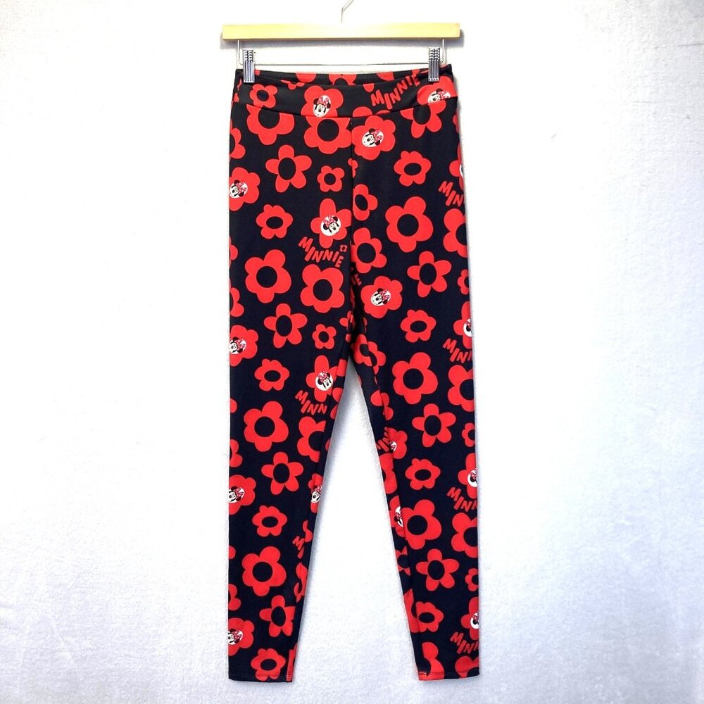 Disney Parks Minnie Mouse Leggings Womens Small S Black Red Floral‎ Stretch Yoga